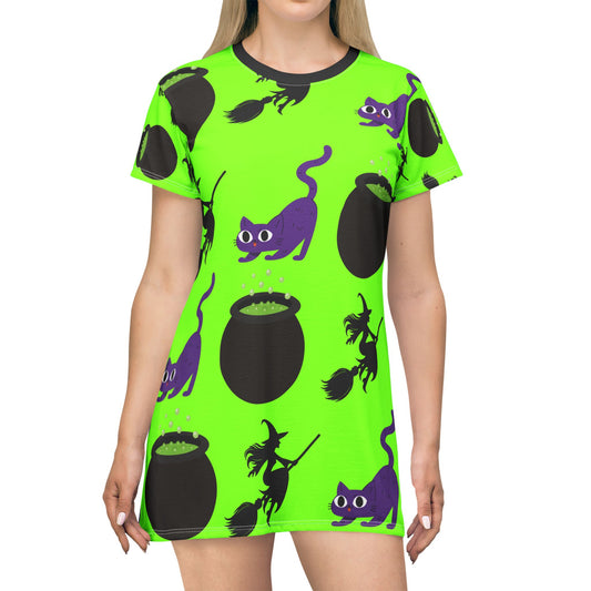 Women's Spooky Cat & Witch T-Shirt Dress